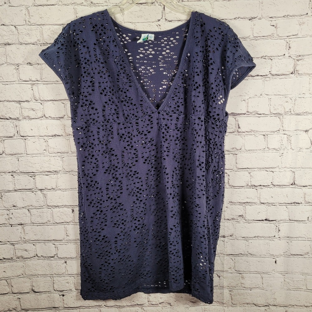 Swim 365‎ Cover Up Women Medium Navy Blue Excellent Laser Cut V-Neck Tunic Top
